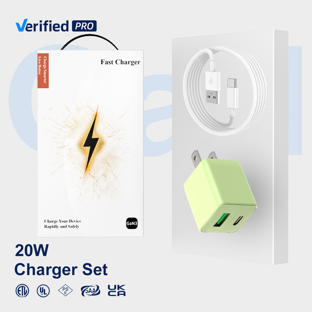 TKT 2026 New Dual Port USB-A Type-C Charger Set US Plug Mini Smart Phone Charging Cube Green Electronics Earphone Camera PD