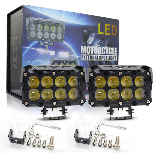 8 Lens Front Motorcycle LED Headlight IP67 Waterproof 45W Auto Lighting Exterior Spotlight Dual Color Yellow White Fog Auxiliary