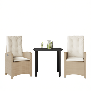 Ensemble de salle à manger de jardin beige avec table noire, coussins crème, meubles d'extérieur en rotin, design contemporain pour 2 personnes - Product Image 1