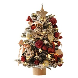 Pohon Natal Buatan Mini Berlapis Salju dengan Lampu LED dan Ornamen Merah di Alas Kayu - Product Image 5