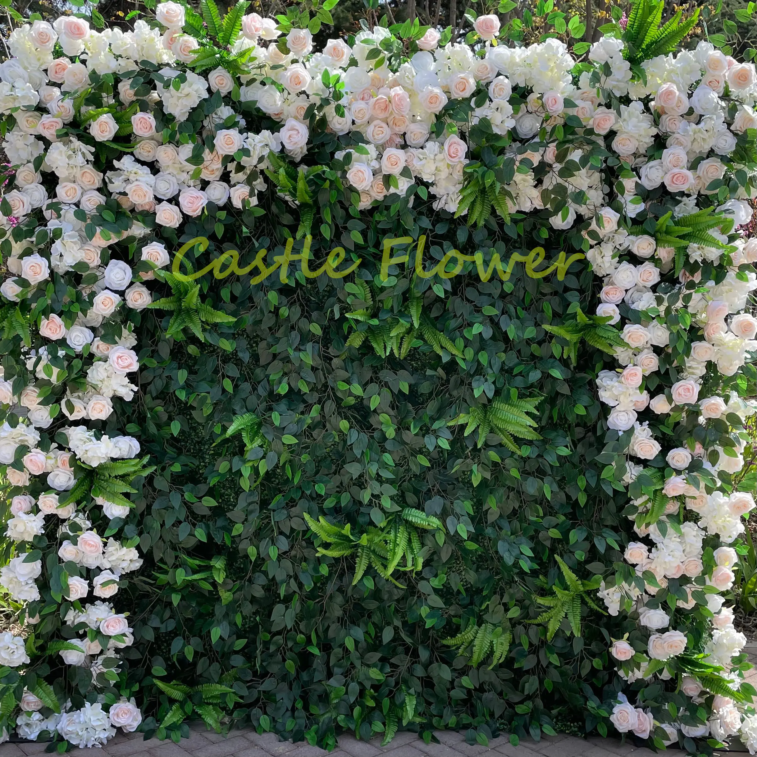 O-W023 Direct Manufacturer Cloth Fabric Flower Wall 5D High Quality Greenery Grass Wall with Flowers Roll up Flower wall 8ftx8ft