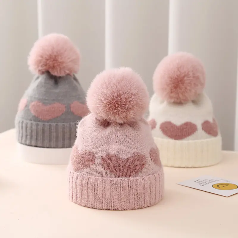 Topi rajut anak perempuan, topi rajut anak pola hati cinta tebal hangat dengan Pom Pom untuk bayi perempuan luar ruangan, topi hangat Beanie wol