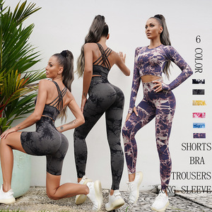 Women's <b>Tie</b> <b>Dye</b> Yoga <b>Set</b> 2 Piece Crop Top Long Sleeve Leggings Slim Fit Shaping Four Way Stretch Workout Activewear - Product Image 4
