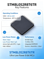 STM8L052R8T6TR MCU de 8 bits de ultra bajo consumo, 64 KB de memoria Flash, CPU de 16 MHz, EEPROM integrado, 1.8V-3.6V, -40 ° De la C a la 85 ° C, Modos de Bajo Consumo