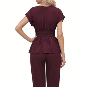 Women's V-Neck Peplum <b>Top</b> Short Sleeve Smocked Waist Casual Blouse Shirt Fashion - Product Image 6