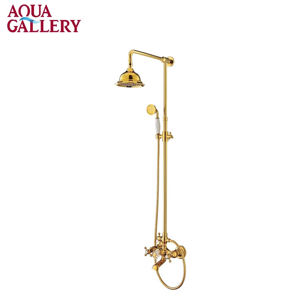 Klasik Emas Permukaan Kuningan Terkena Kamar Mandi Hujan Shower Mixer dengan Kran Shower Curah Hujan Shower Set