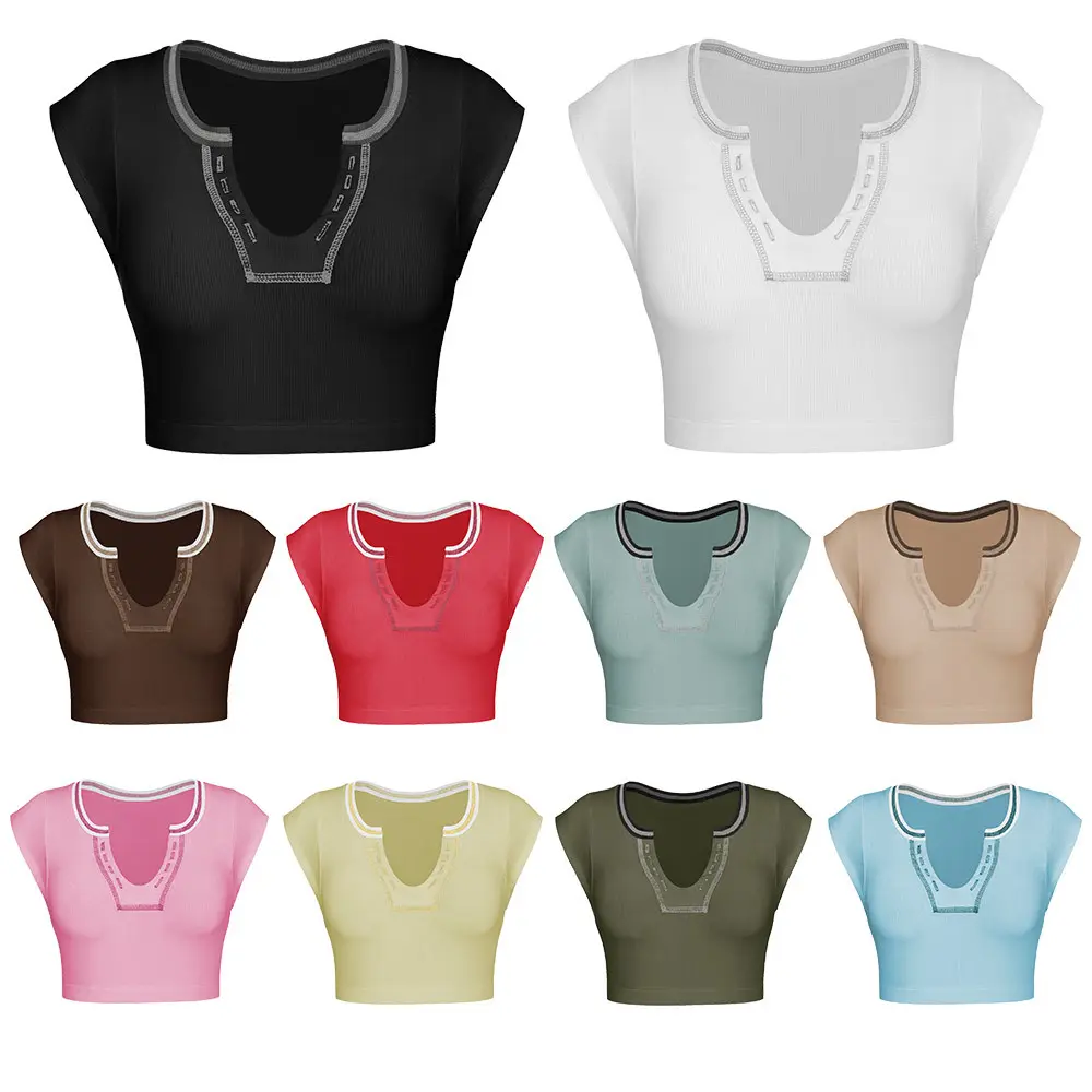 Amazon Hot Sale Gebreide Crop Tops Tshirt Voor Dames Crop Top Tshirt Sexy Ronde Onderkant Tshirt Voor Meisjes