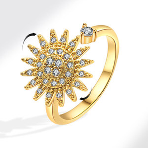 Anillo Giratorio Antiestrés con Diseño de Girasol, Microincrustaciones de Zirconia, Bañado en Oro y Cobre, Joyería para Mujer, Venta al Por Mayor - Product Image 1