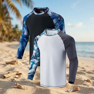 Unisex Full Sleeve Rash Guard Spandex Polyester Anti-Uv Printed Swim <b>Shirt</b> Top Adult Blue Palm Pattern Long Sleeve - Product Image 3