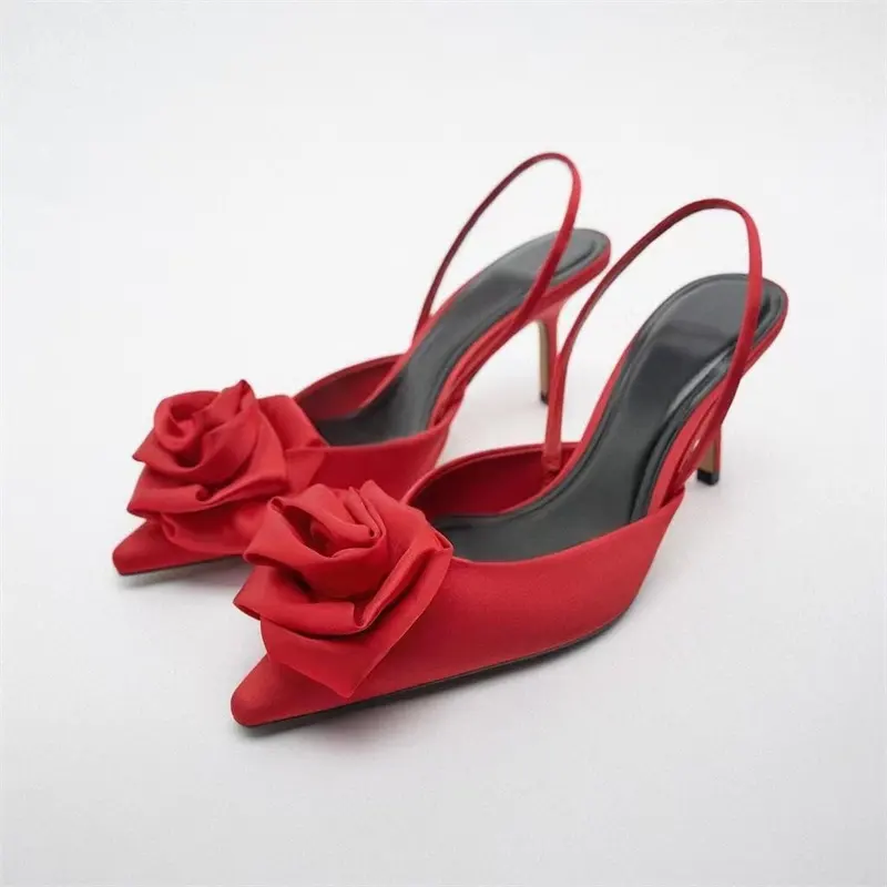 Designer Brand Shoes Women's Elegant Flower Red Pumps Pointed Toe Bridal Stiletto Mules Ladies High Heels Office Sandals