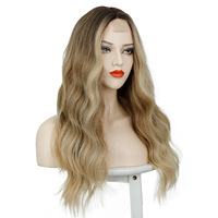 Perruque synthétique longue ondulée avec dentelle frontale pour femme, résistante à la chaleur, marron blond, avec raie en T, en fibre haute température, ajustable, petite taille