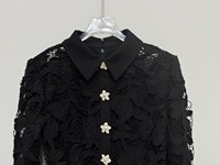 Robe mini noire ajourée en dentelle avec boutons floraux, manches longues et col rabattu A12413