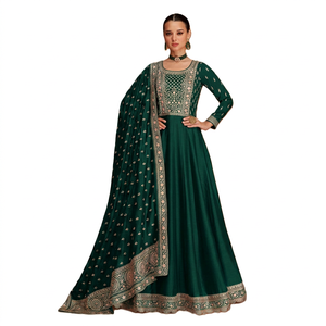 Emerald <b>Green</b> <b>Silk</b> Anarkali Suit with Zari and Sequin Work Traditional Dress for Wedding Occasions Women India Pakistan Style - Product Image 1