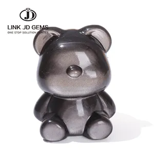 JD Natural Silver Obsidian Gemstone Bear Carved Cartoon Lovely Statue Crafts Energy Healing Cute Animale Figurine Home Decor