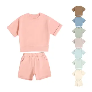 Детская летняя одежда с принтом, с принтом, из органического французского махрового материала, с коротким рукавом, однотонные комплекты одежды для маленьких девочек