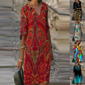 Vestido de longitud media con estampado y cuello en V, transpirable, informal, vintage, para uso diario, para mujer - Product Image 1