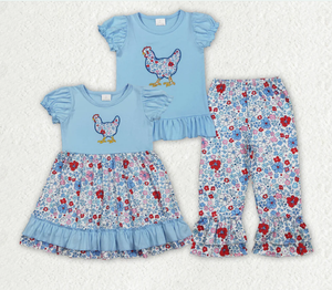 Sibling Baby Girls Embroidery Floral Chick Ruffle Pants <b>Farm</b> Clothes <b>Set</b> Knee Length Dresses - Product Image 1