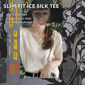 เสื้อยืดแขนสั้นคอวีทรงหลวม ผ้าถักย้อมสีพื้น ระบายอากาศได้ดี ไม่เป็นขุย แฟชั่นใหม่สำหรับผู้หญิง ฤดูร้อน/ฤดูใบไม้ผลิ - Product Image 2