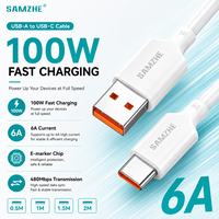 Câble USB-A vers Type-C SAMZHE en PVC blanc PD100W 6A à charge rapide avec puce E-marker, câble de données USB2.0 pour iPhone, ordinateur portable, appareil USB-C