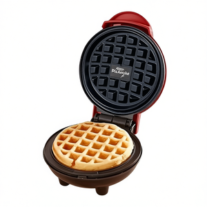 Mini gaufrier électrique avec plaques antiadhésives, 1000W, appareil ménager en acier inoxydable par Myrva, design rond pour une cuisson facile - Product Image 1