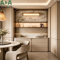 Buffet d'appoint arqué de luxe SLS avec crédence en marbre, casier à vin intégré et station de bar à domicile avec éclairage LED