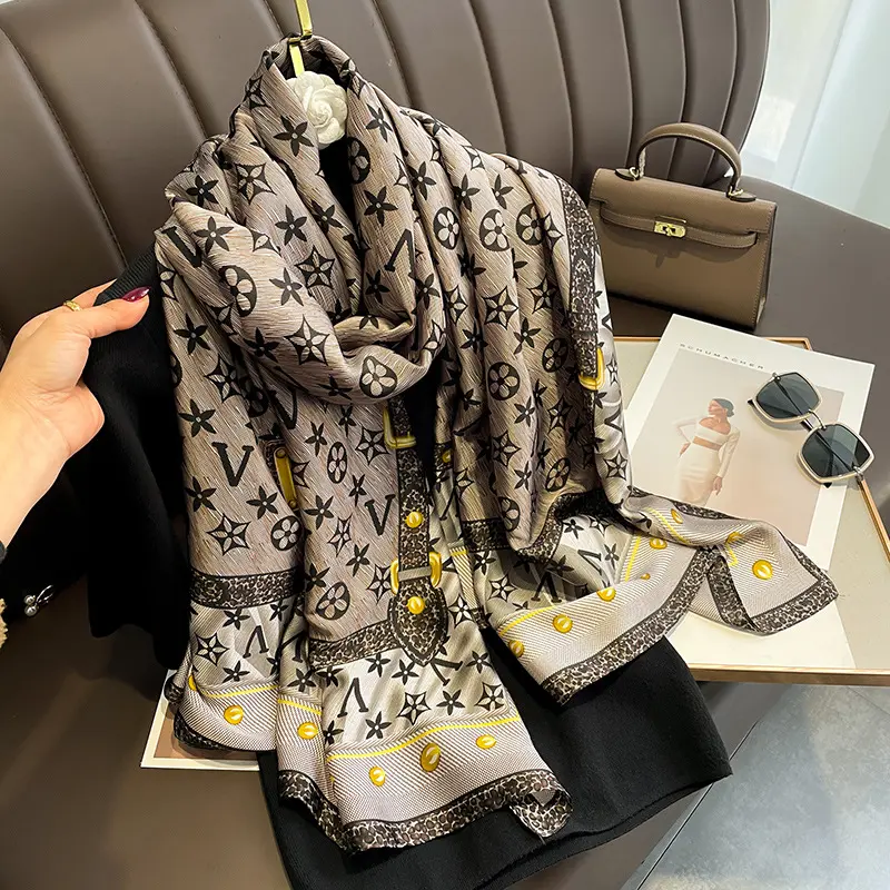 Designer women Scarves soft Silk feeling yellow diamond Printed scarf Wraps Long Lightweight Sunscreen Shawls Autumn Winter