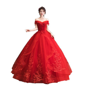 Off The Shoulder Red Wedding Dress Sweetheart Neckline Floor Length Ball Gown Floral Print Evening Gown - Product Image 5