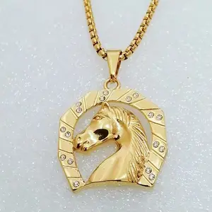 Gold Plated Animal Pendant Fashion Jewelry Hiphop U Shape Horse Head Pendant Stainless Steel Necklace for Women Men
