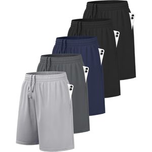 FOXA Pantalones cortos deportivos para niños, paquete de 5, de secado rápido, con bolsillos, cintura elástica, para baloncesto, ropa deportiva, deportes juveniles para niños - Product Image 1