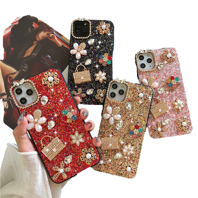 Factory Direct Wholesale Custom Luxury Flower Rhinestone Women's Glitter Sequin TPU+PC Material Ring Light Phone Case for for