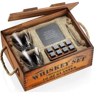 JUNJI Wood Whiskey Stones Gift Set For Men Vintage Wooden Whiskey Rocks Stones And Glasses Gift Crate