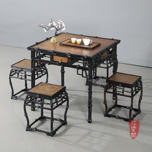 Zhuqi Pavilion Lacquered <b>Bamboo</b> Square Tea Table Set With Drawer And <b>Stools</b> For Tea Space - Product Image 5