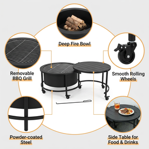 Barbecue <span class=keywords><strong>portable</strong></span> rond avec foyer, <span class=keywords><strong>table</strong></span> latérale, pour jardin, terrasse, bois et charbon <span class=keywords><strong>de</strong></span> bois - Product Image 4