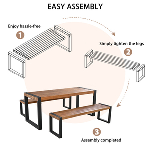 3-Piece Modern Outdoor Dining <b>Set</b> Acacia Wood <b>Table</b> with 2 <b>Benches</b> Steel Frame for Home & Hotel Use - Product Image 4