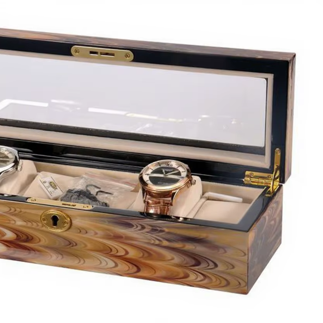 Luxury Swirl Grain Gloss Wooden Watch Box Key Lock Clear Glass Lid Gold Hinge Custom Logo Collector Gift Box Factory Wholesale