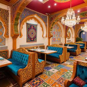 Bộ bàn ghế ăn hình chữ L phong cách Morocco sang trọng, làm từ gỗ chạm khắc thủ công, bọc nhung, kèm bàn đá cẩm thạch dành cho nhà hàng - Product Image 4