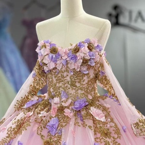 5898 Beaded Sweetheart Pale Pink Tulle Princess Gown Gold <b>Applique</b> Bodice 3D Flower Skirt For Birthday Celebration - Product Image 5