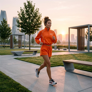 2026 Luxury Vibrant <b>Orange</b> Women's 2 Piece Tracksuit Set 1/4 Zip Pullover and Shorts Minimalist Contrast Piping Athleisure - Product Image 1