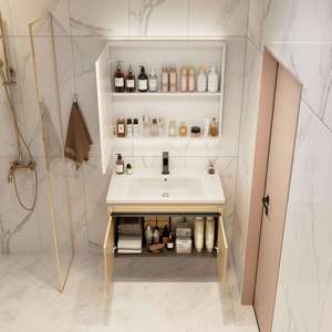 Meuble-lavabo mural en bois naturel personnalisé avec vasque en céramique et armoire miroir LED intelligente anti-buée avec étagère ouverte - Product Image 6