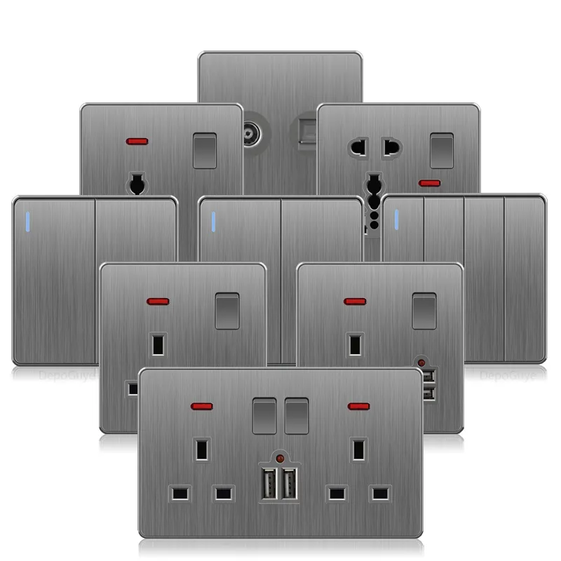 Interruptores y enchufes universales modernos para pared, interruptores de luz de pared para PC, Reino Unido, 13A, color gris cepillado