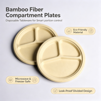 Assiettes jetables compostables en fibre de bambou 100% - 50 pièces/paquet - Assiettes rondes à 3 compartiments pour les fêtes, les pique-niques et la restauration