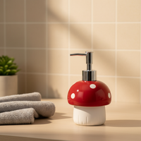 Dispenser Sabun Porselen Berlapis Glaze Motif Jamur Merah Putih Ramah Lingkungan Gaya Eropa 300ml dengan Pompa Logam untuk Kamar Mandi Grosir
