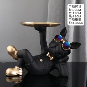 Cool Resin Dog Statue Black 2 Metal Trays with Cute Glasses French Bulldog Figurine Sculptures Home <strong>Decor</strong> Gift - Product Image 3