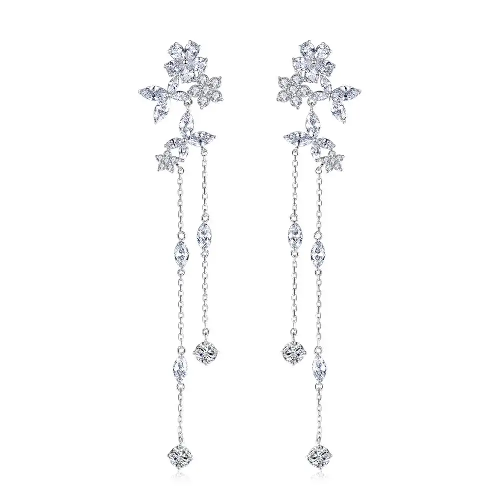 OTEE Delicate Fairy Flower Long Thing Chain Drop Dangle Earrings for Girl Bridal Wedding Dating with AAA CZ Jewelry Gifts
