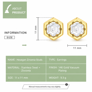 ต่างหูทรงหกเหลี่ยมเซอร์โคเนีย สแตนเลสสตีล ชุบทอง 14K แบบสุญญากาศ ประดับด้วยหินใสทรงเรขาคณิต พร้อมตัวล็อคแบบผีเสื้อ - Product Image 5