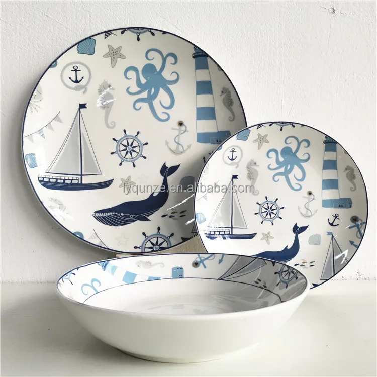 Vendita calda famiglia ceramica vita marina decalcomania design stoviglie Set 16/18 pezzi posate in porcellana stoviglie