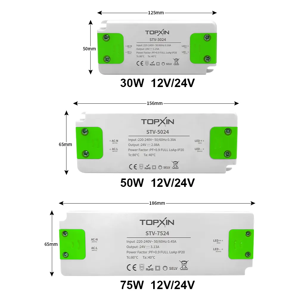 OEM/ODM senza sfarfallio 40W 50W 12V/24V Slim IP20-67 isolamento custodia in plastica Driver LED a tensione costante certificato CE