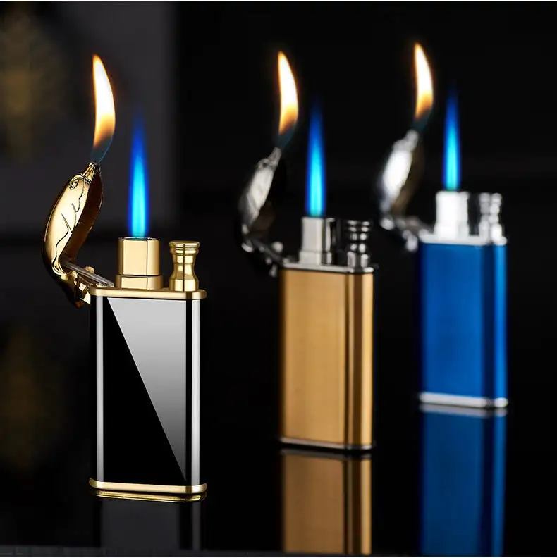 Encendedor de doble llama de alta calidad, encendedor de logotipo personalizado, encendedor de llama de Gas de llama recta para cigarrillos