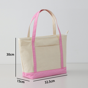 Sac en toile à carreaux blanc crème, sac fourre-tout léger et durable pour femme avec poche extérieure et doublure intérieure lisse - Product Image 6