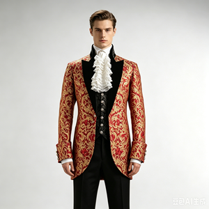 Veste de smoking victorienne <span class=keywords><strong>bordeaux</strong></span> en jacquard pour <span class=keywords><strong>homme</strong></span>, <span class=keywords><strong>blazer</strong></span> formel en brocart avec revers en velours - Product Image 2